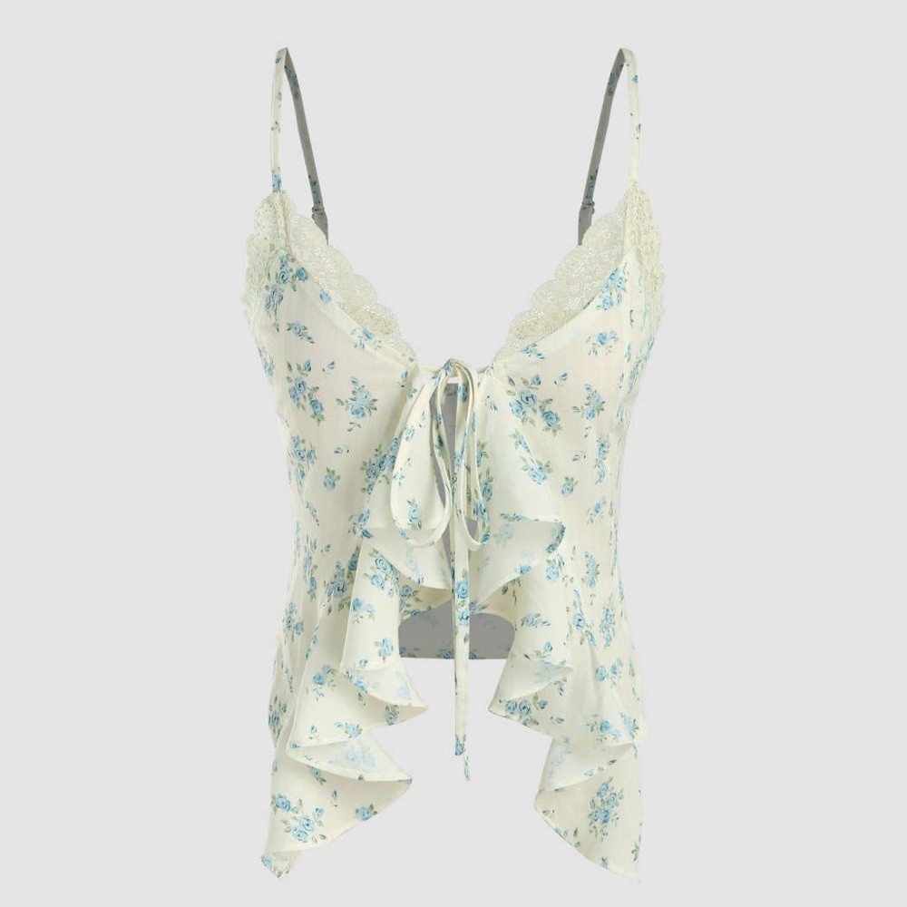 Cider V-Neck Floral Ruffle Hem Crop Top